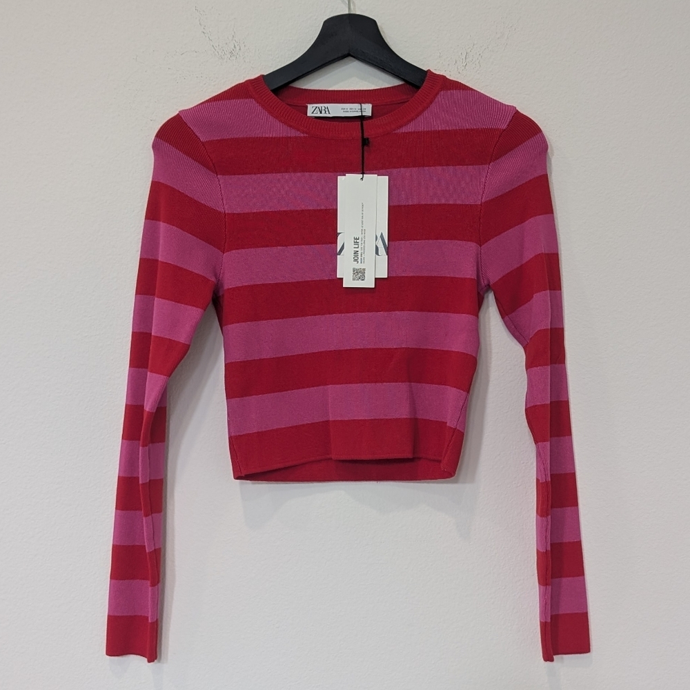 Zara Red and Pink Striped Long Sleeve Top